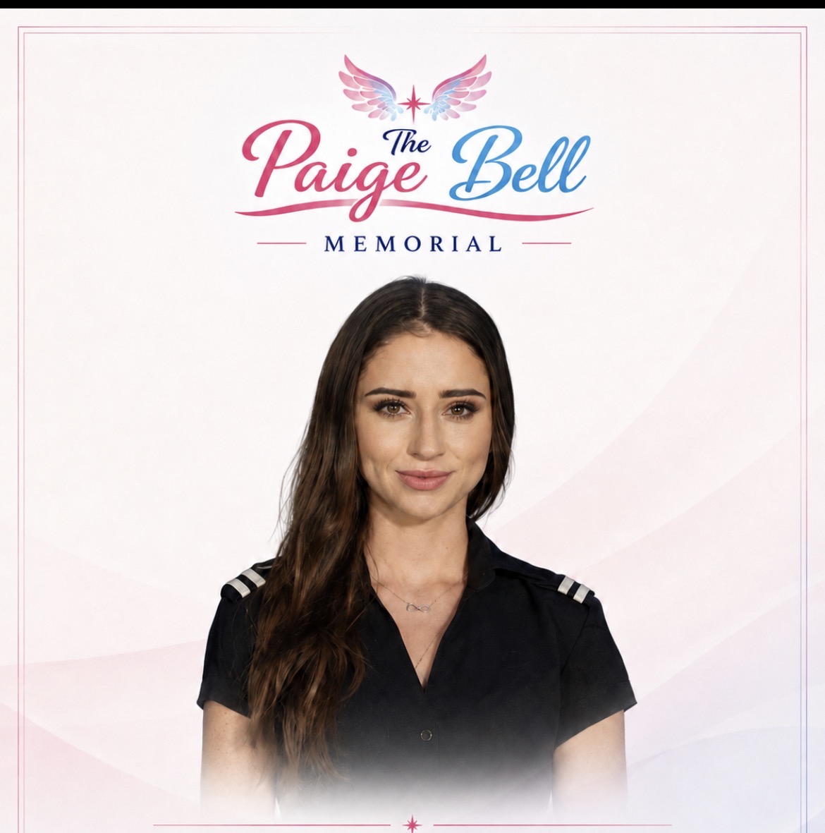 Paige Bell in her yacht crew uniform beneath the Paige Bell Memorial logo